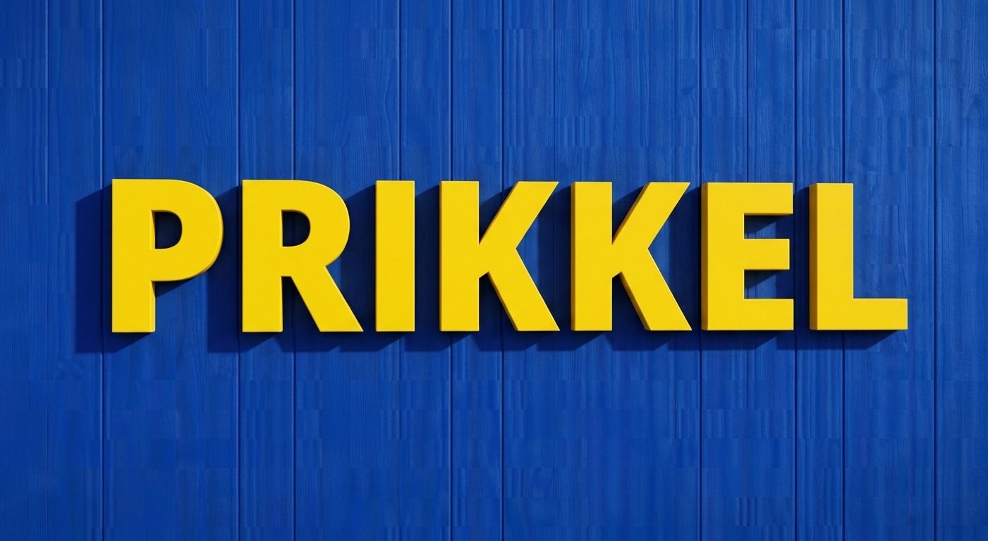 Gele PRIKKEL-letters met schaduw op een blauwe houten wand